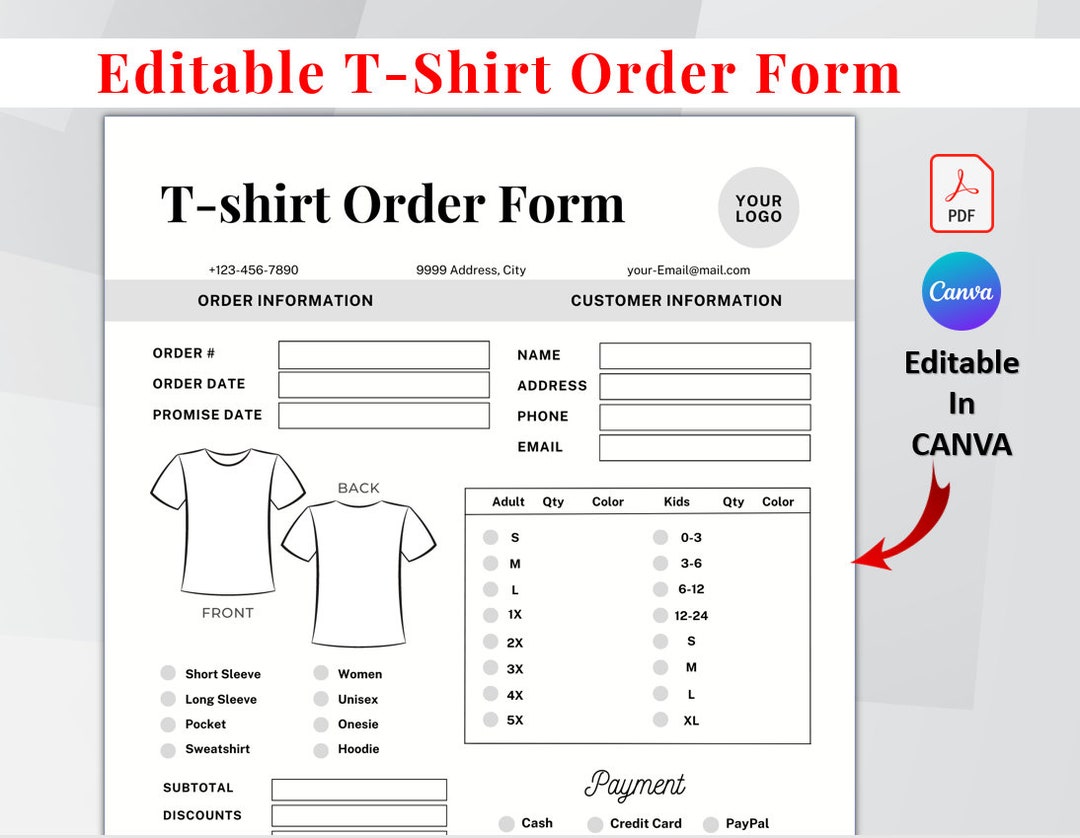 Tshirt Order Form Template. Printable Custom Order Form. T-shirt Small ...