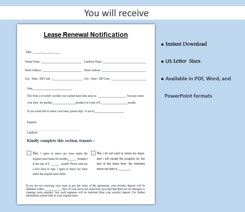 Lease Renewal Notification Template Lease Renewal Form Etsy