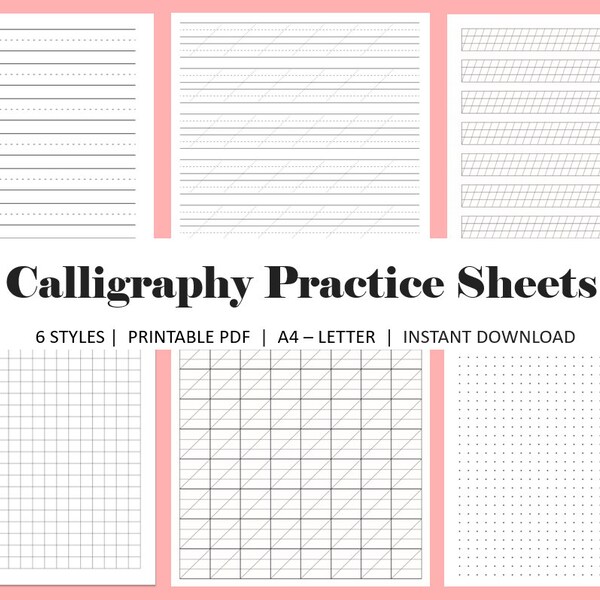 Modèles de feuilles de pratique de calligraphie, papier d'écriture de calligraphie, feuille de guide de lettrage à la main de calligraphie, PDF imprimable en téléchargement numérique