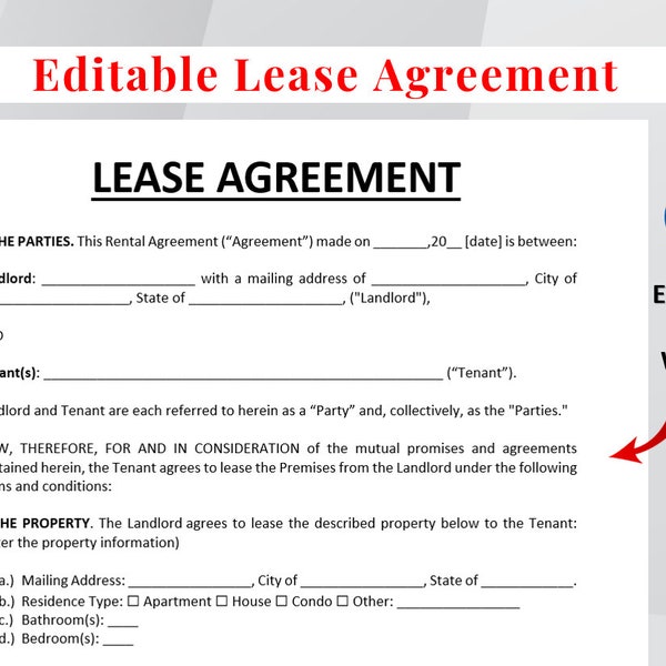 Printable Rental Agreement Template. Lease Contract Template. Landlord Forms. Digital Dowload Apartment Contract. Residential Housing