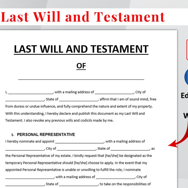 Editable Last Will and Testament Template. Last Will And Testament Printable. Last Will and Testament Form. MS WORD & PDF. Digital Download