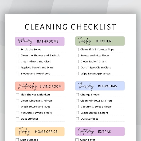 EDITABLE Cleaning Checklist, Printable Weekly Cleaning Schedule, ADHD Cleaning Planner, Household Chores Chart, Digital Download PDF & Canva