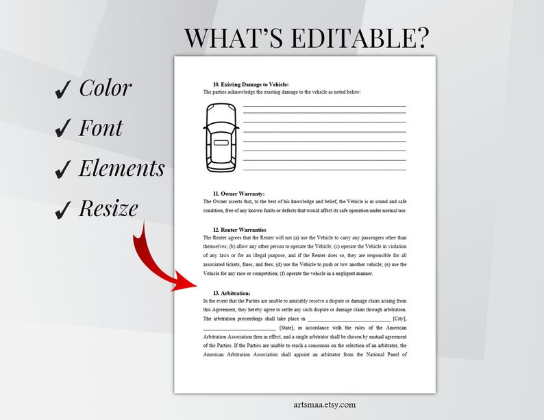 Editable Car Rental Agreement Template, Car Rental Contract, Printable Vehicle Lease Contract, Vehicle Rental Agreement, MS Word 6 PDF Files image 9