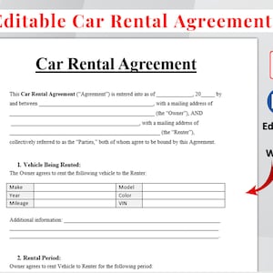 Editable Car Rental Agreement Template, Car Rental Contract, Printable Vehicle Lease Contract, Vehicle Rental Agreement, MS Word 6 PDF Files image 1