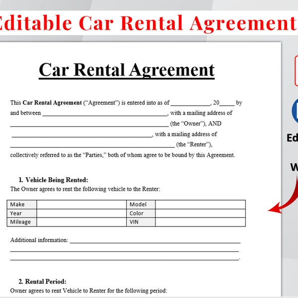 Editable Car Rental Agreement Template, Car Rental Contract, Printable Vehicle Lease Contract, Vehicle Rental Agreement, MS Word 6 PDF Files