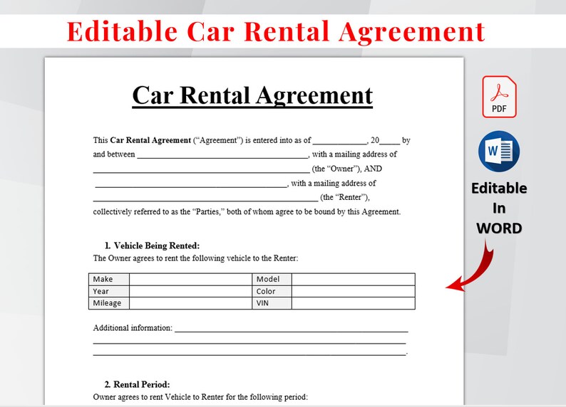 Editable Car Rental Agreement Template, Car Rental Contract, Printable Vehicle Lease Contract, Vehicle Rental Agreement, MS Word 6 PDF Files image 1