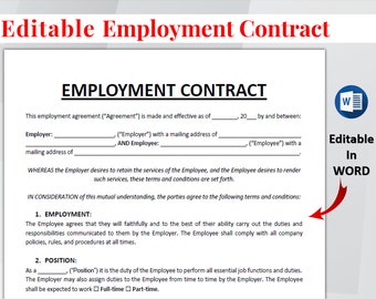 Employment Contract Agreement. Printable Employment Agreement Template. Employment Contract Form. HR Employer Employee Form Template.