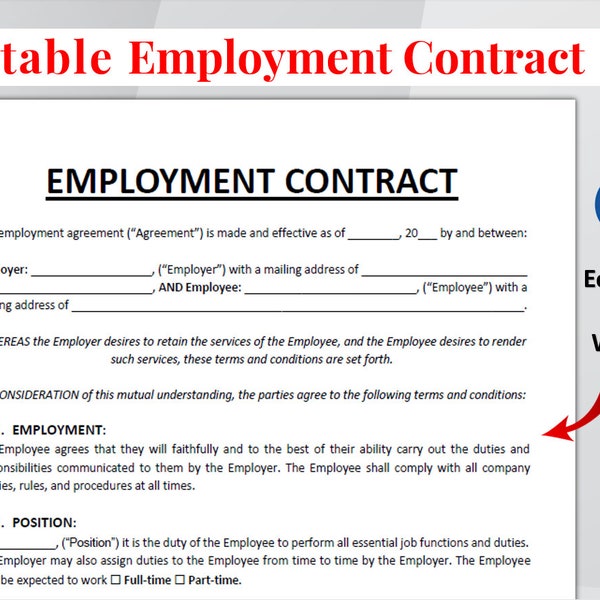 Employment Contract Agreement. Printable Employment Agreement Template. Employment Contract Form. HR Employer Employee Form Template.