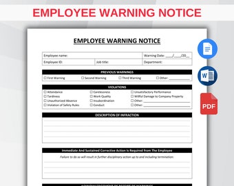Editable Employee Warning Notice. Printable Employee Discipline Form. Employee Write Up. HR Employee Performance. PDF, Google Docs & MS Word