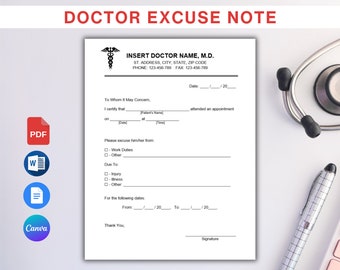 Editable Doctor Excuse Note for Work. Printable Doctors Note Template. School Excuse Note. Doctor Excuse Letter Form Drs Note PDF Word Canva