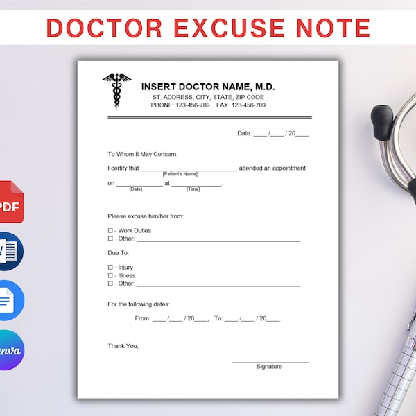 Editable Doctor Excuse Note for Work. Printable Doctors Note Template. School Excuse Note. Doctor Excuse Letter Form Drs Note PDF Word Canva