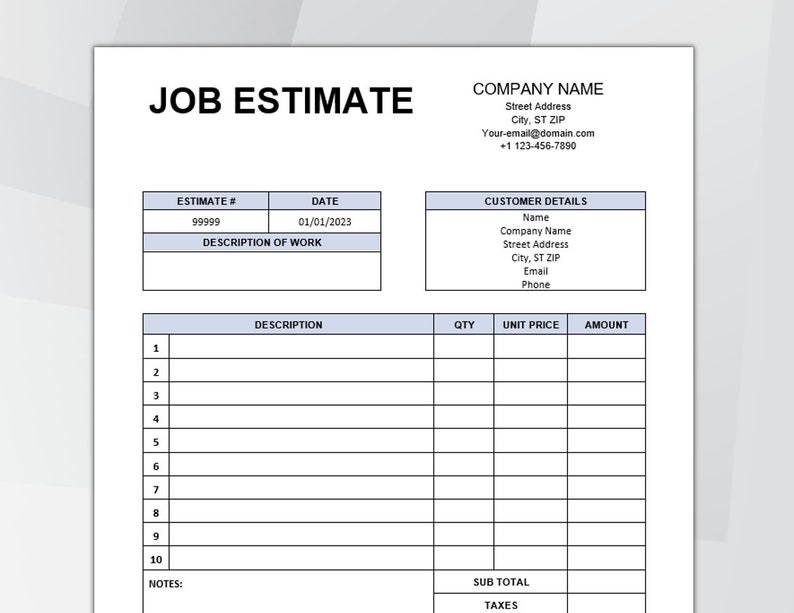 Job Estimate Template. Printable Business Estimate Form. Job Proposal ...