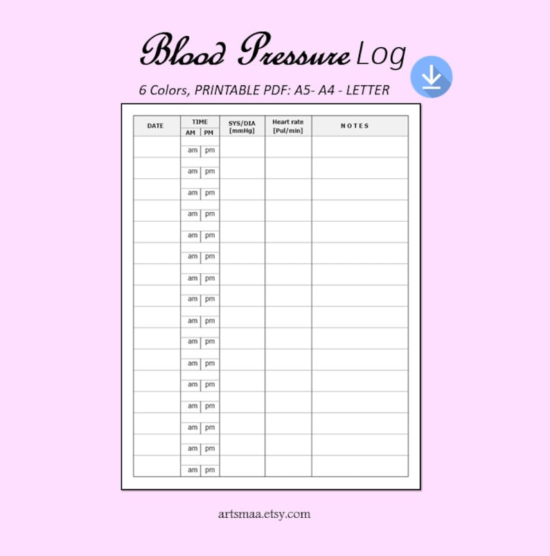 Blood Pressure Log Printable Template High Blood Pressure Tracker Daily ...