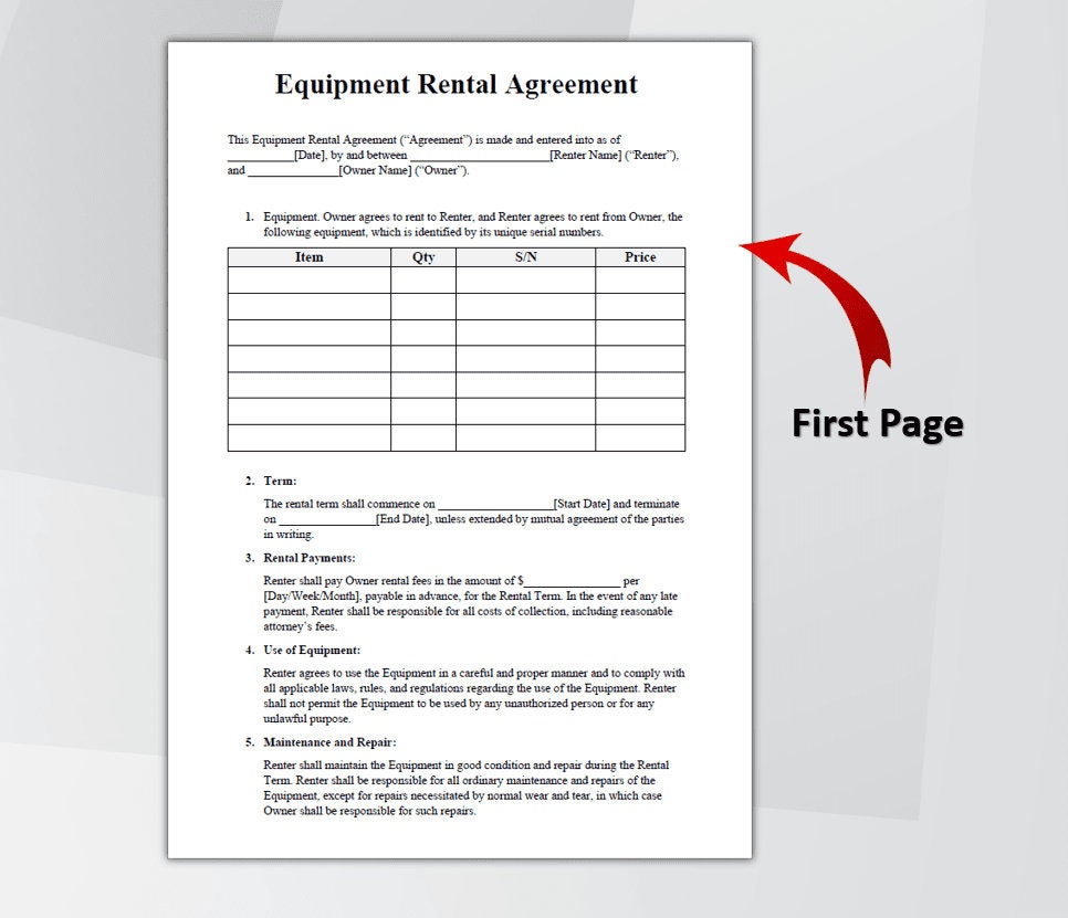 Equipment Rental Agreement Template. Editable Equipment Lease