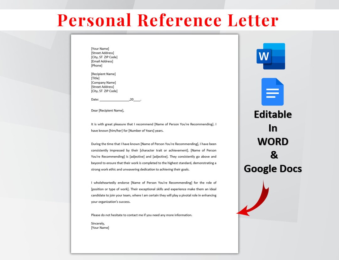 Printable Personal Reference Letter Template. Letter of Recommendation ...