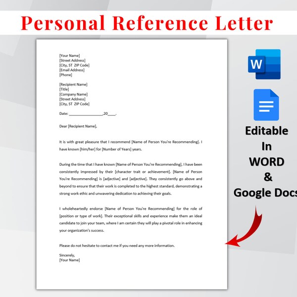 Printable Personal Reference Letter Template. Letter of Recommendation. Recommendation Letter Template. Google Docs/Microsoft Word.