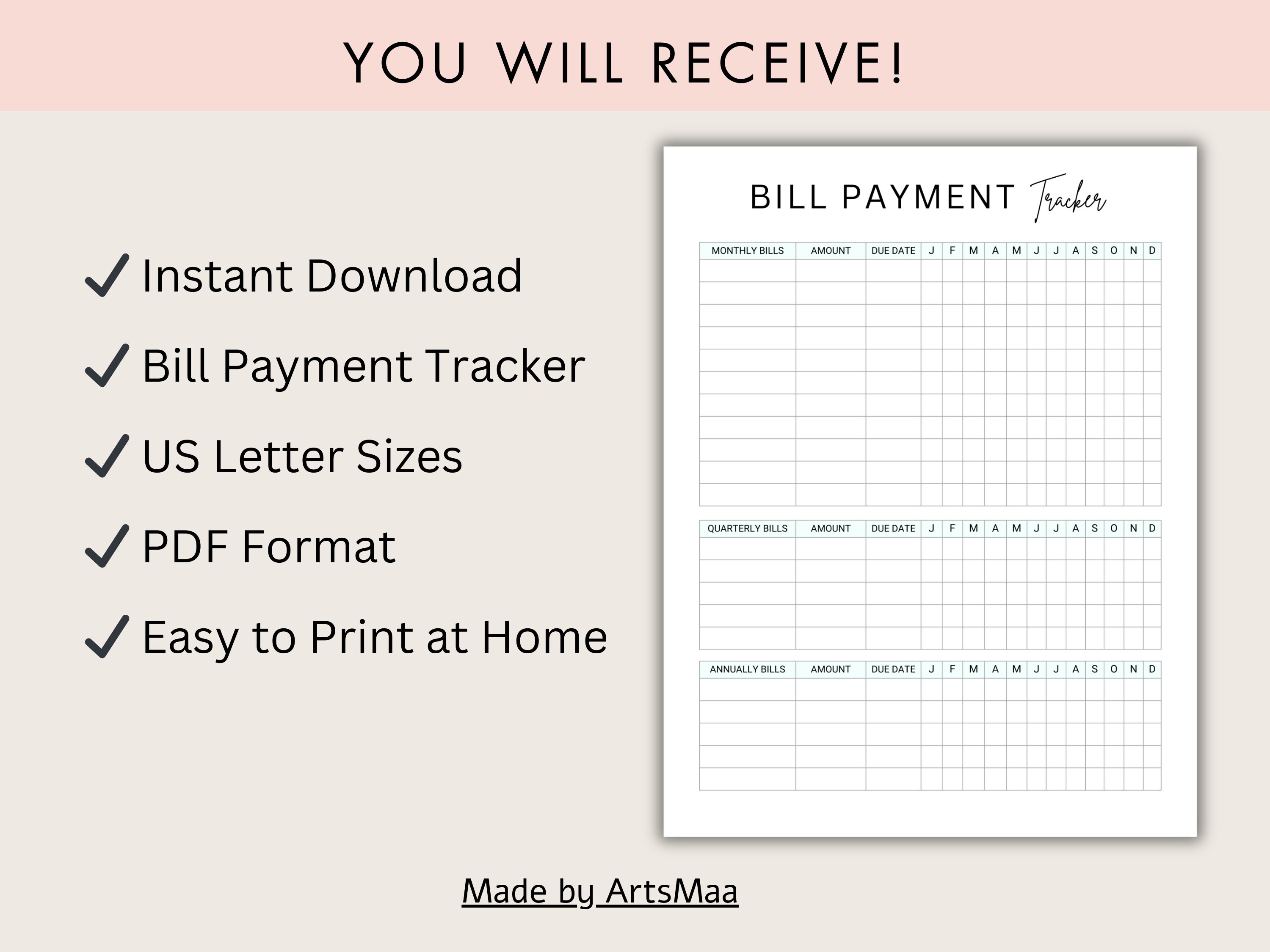 Bill Payment Tracker Bills Checklist Monthly Bill Log Yearly Bill ...