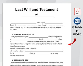 Last Will and Testament. Editable Last Will and Testament Template. Printable Last Will and Testament Form. PDF & MS WORD. Instant Download