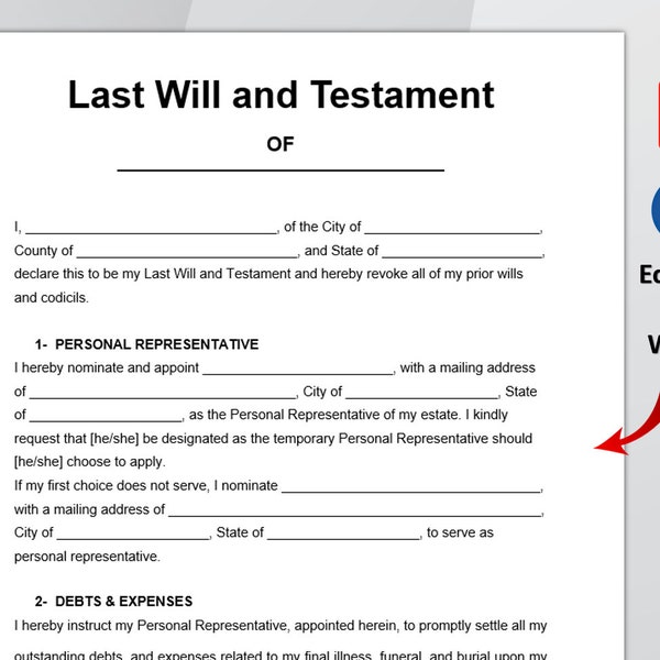 Última voluntad y testamento. Plantilla editable de última voluntad y testamento. Formulario imprimible de última voluntad y testamento. PDF y MS WORD. Descarga instantánea