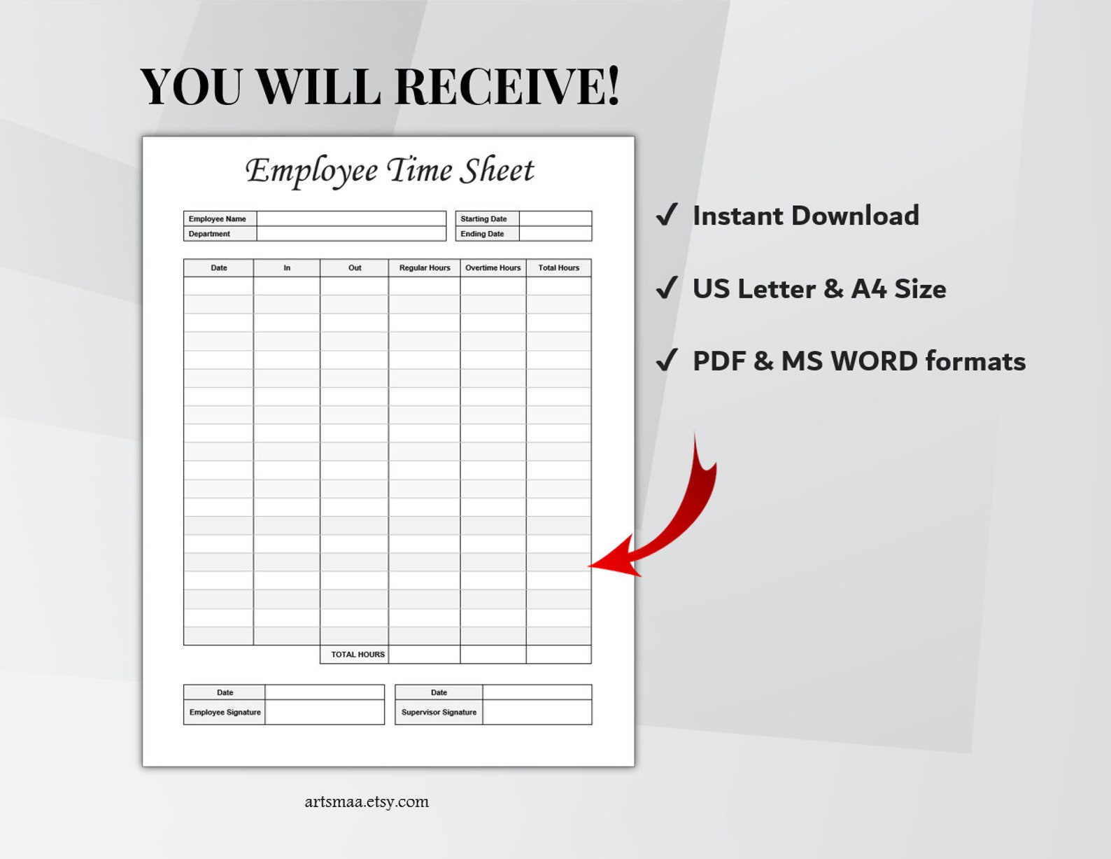 Employee Time Sheet Editable. Timekeeping Sheet. Printable Timesheet
