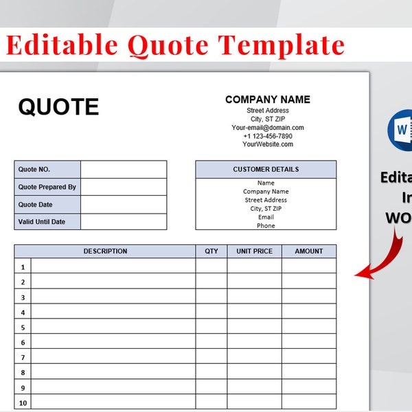 Quote Template. Editable Quotation. Quote Form. Job Proposal. Job Quote. Microsoft Word. Price Estimate. Business Quote. Money Quote.