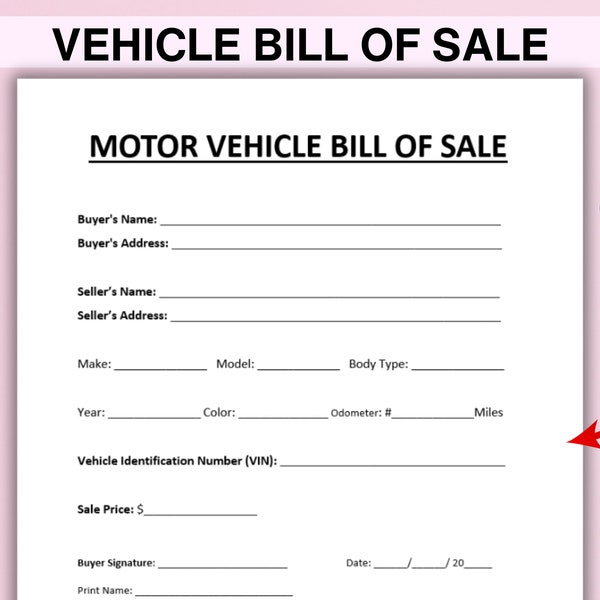 EDITABLE Motor Vehicle Bill of Sale. Printable Vehicle Bill of Sale. Car Bill of Sale Form Agreement. WORD & PDF. Instant Download