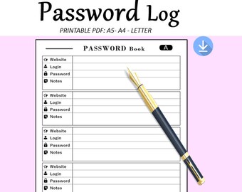 Printable Password Book with Alphabetical Tabs | Password Journal | Internet Password Organizer Log| Password Keeper | A4, A5, US Letter PDF