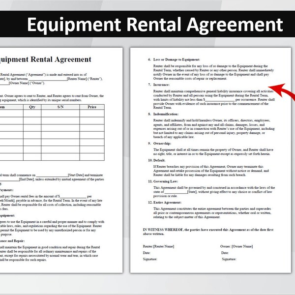 Equipment Rental Agreement Template. Editable Equipment Lease. Printable Professional Event Equipment Rental Contract Form