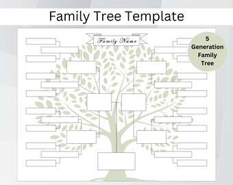 5 Generations Family Tree Chart. Printable Family Tree Templates. Digital Pedigree Chart. Editable Ancestral Chart. Genealogy Template.