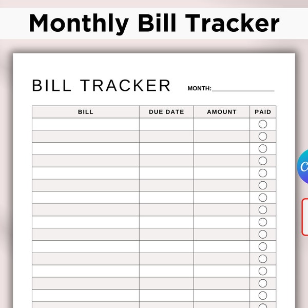 Bewerkbare maandelijkse factuurtracker. Afdrukbare checklist voor factuurbetaling. Organisator van rekeninglogboek. Budget financiële planner. Canvas en PDF. Directe download