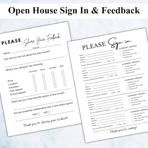 Real Estate Sign In Sheet & Feedback Forms | Open House Sign-In Sheet | Printable Real Estate Marketing | Editable Canva Template and PDF.