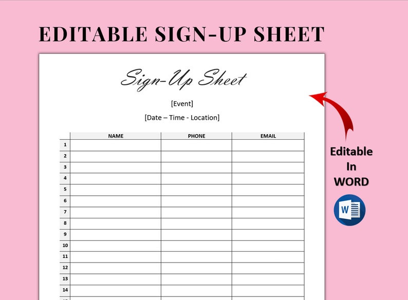 Editable Sign up Sheet Template. Printable Event Sign Up. Sign up Form