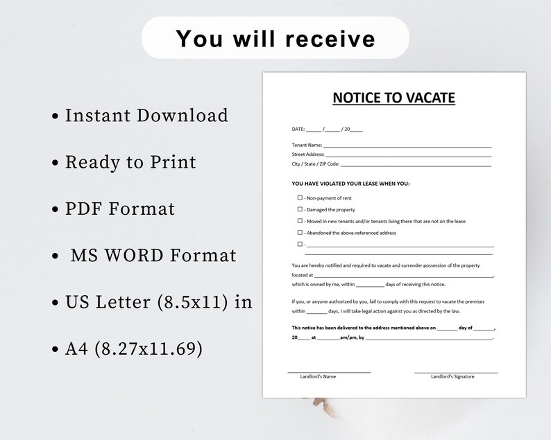 Landlord Notice to Vacate to Tenant. Printable Eviction Notice. Editable Notice to Vacate ...