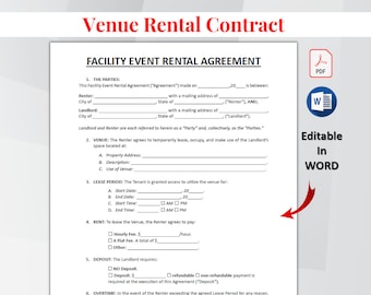 Editable Event Venue Rental Agreement Template, Short Term Event Space Lease Contract, Venue Rental Contract Form, Microsoft Word & PDF.