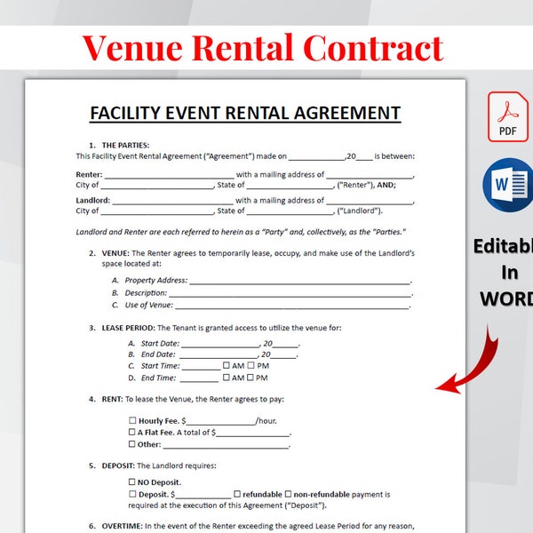 Editable Event Venue Rental Agreement Template, Short Term Event Space Lease Contract, Venue Rental Contract Form, Microsoft Word & PDF.