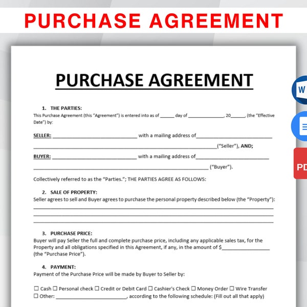 Purchase Agreement Template. Editable & Printable Contract of Sales. Purchase and Sale Contract. Sales Contract. WORD/PDF. Instant Download.