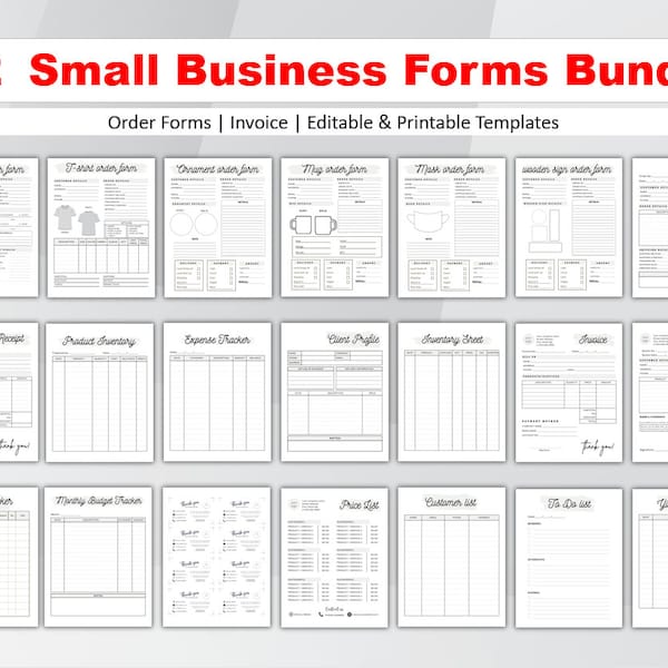 22 Small Business Forms Bundle. Printable Forms for Crafters. Invoice Tumbler T-Shirt Price Quote Order Forms. 100% Editable Canva Template.