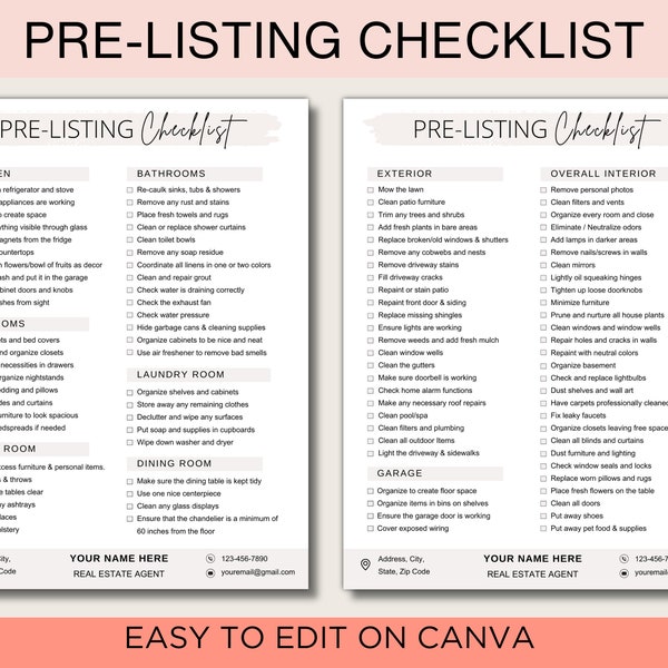 Pre-listing Checklist. Home Seller Checklist. Real Estate Prelisting Template. Sellers Agent. Realtor Templates. Home Selling Guide. Canva.