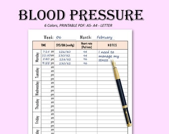 Blood Pressure Log Printable | High Blood Pressure Tracker Template | Hypotension | Hypertension | Heart Rate Diary | A4, A5, US Letter PDF