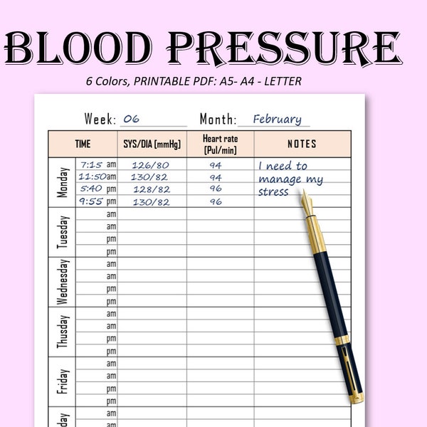 Journal de la pression artérielle imprimable | Modèle de suivi de l'hypertension artérielle | Hypotension | HTA | Journal de fréquence cardiaque | A4, A5, US Letter PDF
