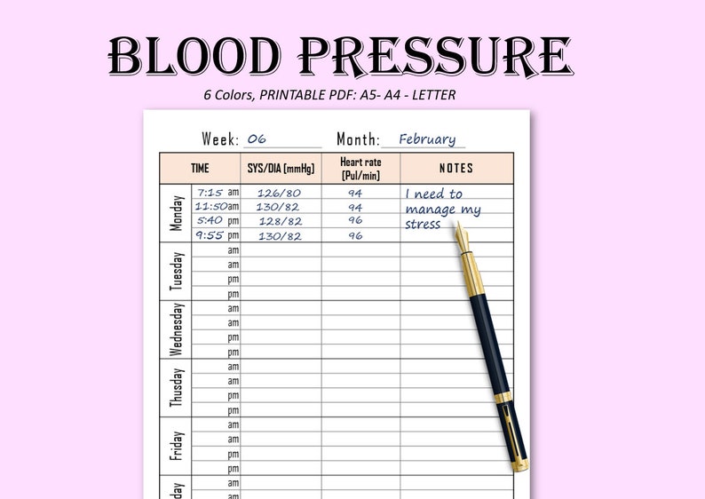 Blood Pressure Log Printable High Blood Pressure Tracker Template