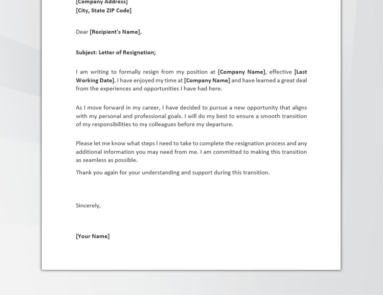 Professional Resignation Letter Template. Editable Letter of ...