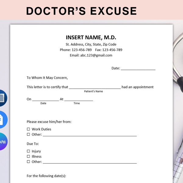 Doctor's Note Template | Doctor's Excuse Letter | Doctors Note for Work and School | Drs Note | Instant Download | A4 & US Letter