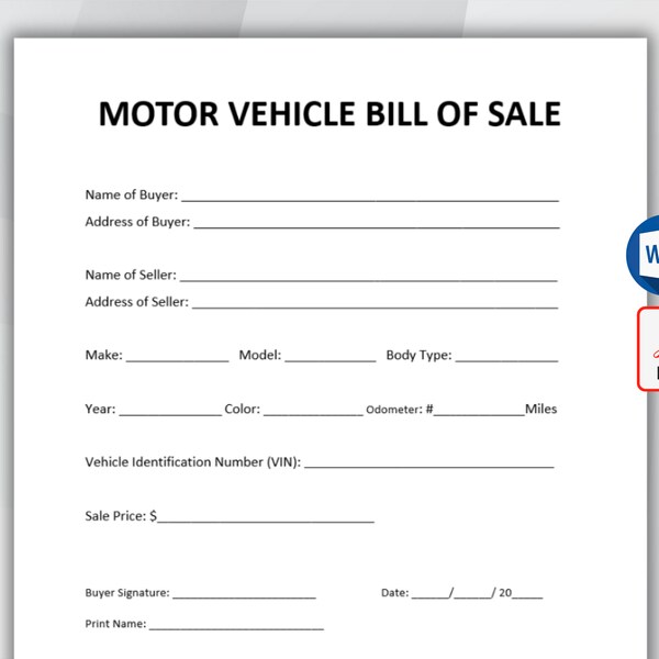 Printable Motor Vehicle Bill of Sale. Car Sale form. Moto Vehicle Sale Contract. Automotive for Sale. Auto Bill of Sale. Instant Download