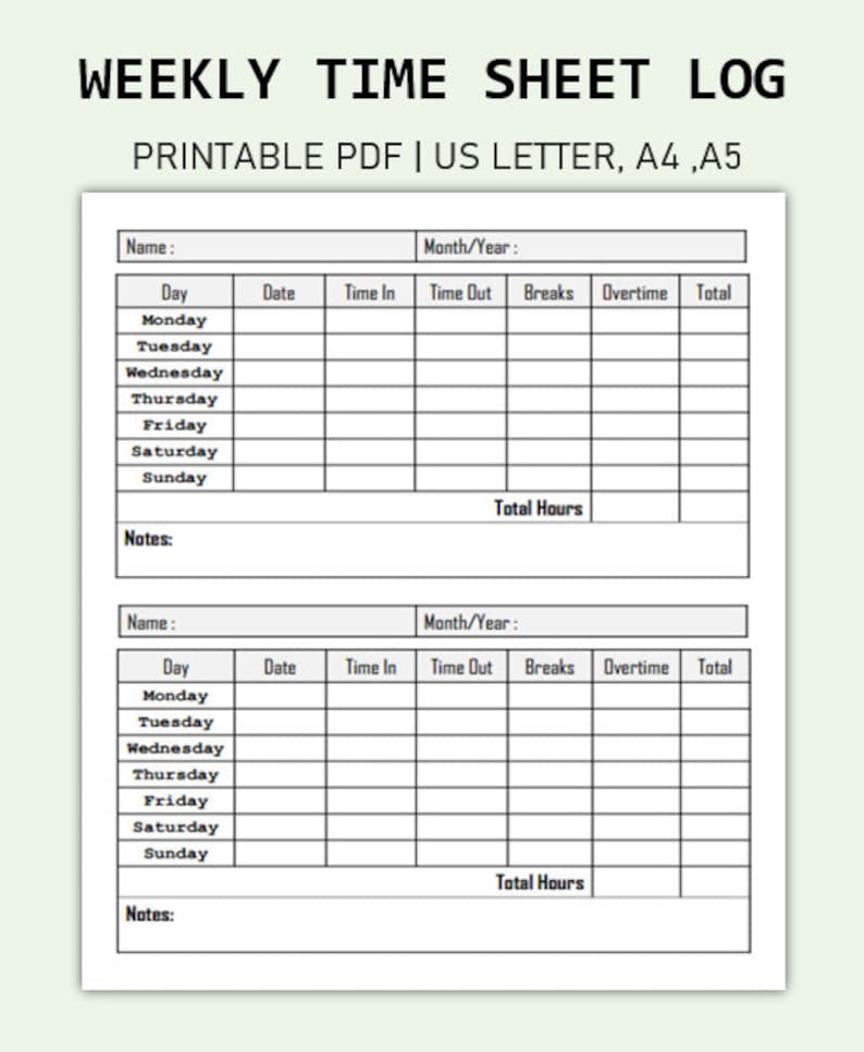 Printable Weekly Time Sheet Log Book Timesheet Log Work Time Record ...
