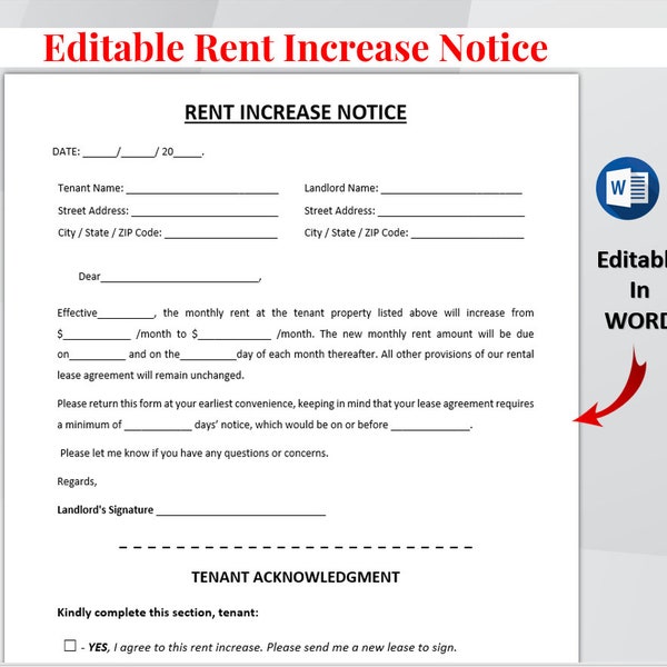 Rent Increase Notice - Rental Increase form Printable - Editable word docx - Rent Increase Letter Template- Tenant Notice - Instant download