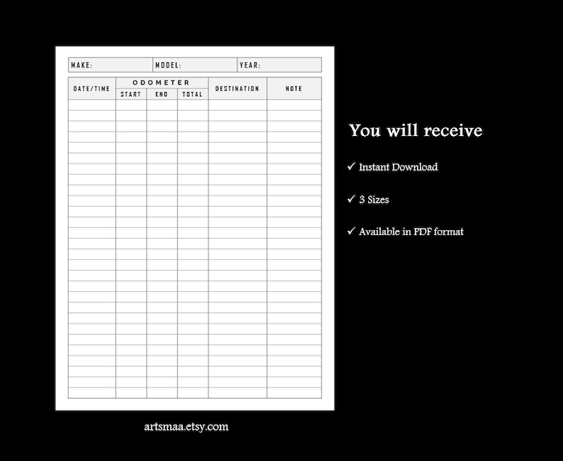 Printable Mileage Tracker Mileage Log Tax Vehicle Miles - Etsy