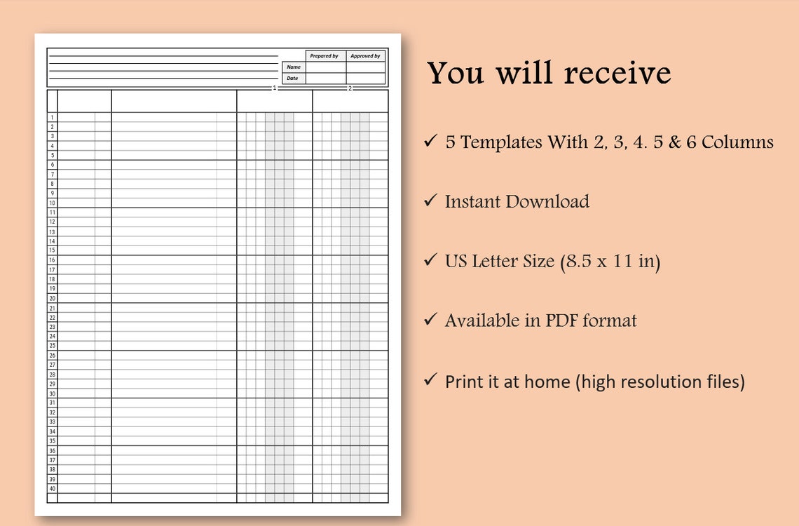 Accounting Ledger Book Column. Printable Columnar Paper. Digital Ledger