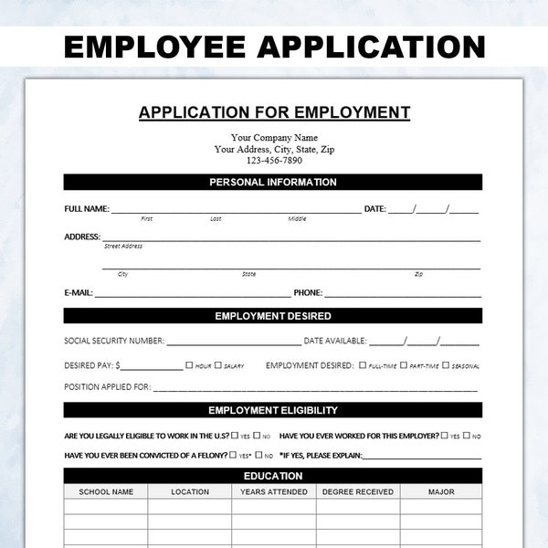 Job Application Printable. Application for Employment Editable. PDF/Microsoft Word. Employee Application Template. Hiring Work Form.