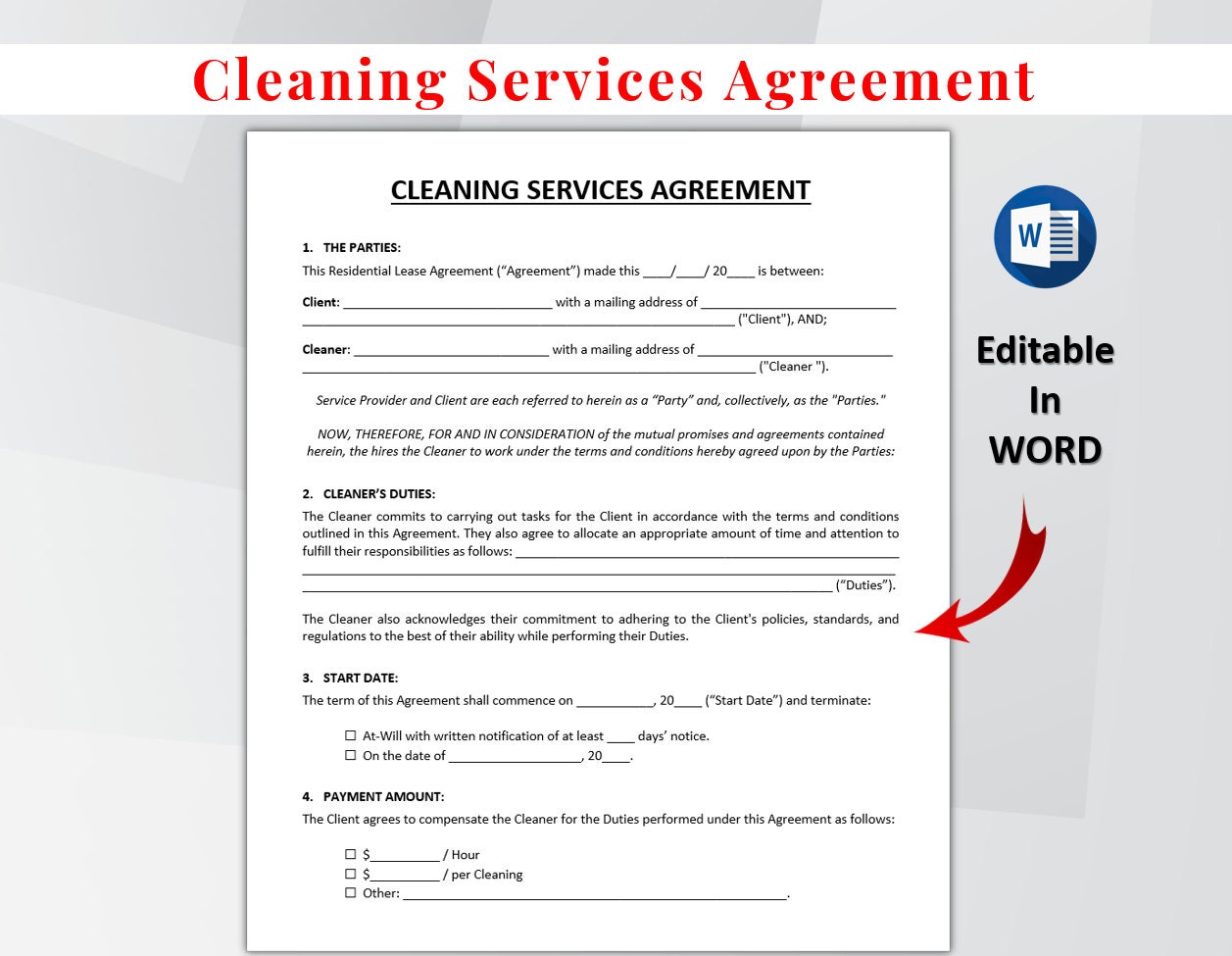 Editable Cleaning Service Agreement Template. Printable Contract Editable Cleaning Service Agreement Template. Printable Contract